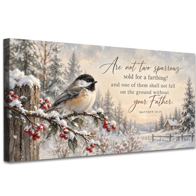 Extra Large Winter Bible Verse Canvas Wall Art, Winter Bird and Berries, Matthew 10:29, Christian Scripture Decor for Living Room, Bedroom or Entryway, Gallery Wrapped, 24 x 48 Inch