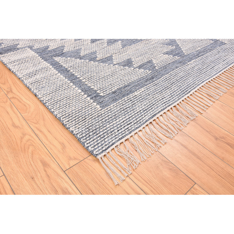 Tapis gris / naturel à motif géométrique tissé à plat à la main, Rectangle 2 pi x 3 pi