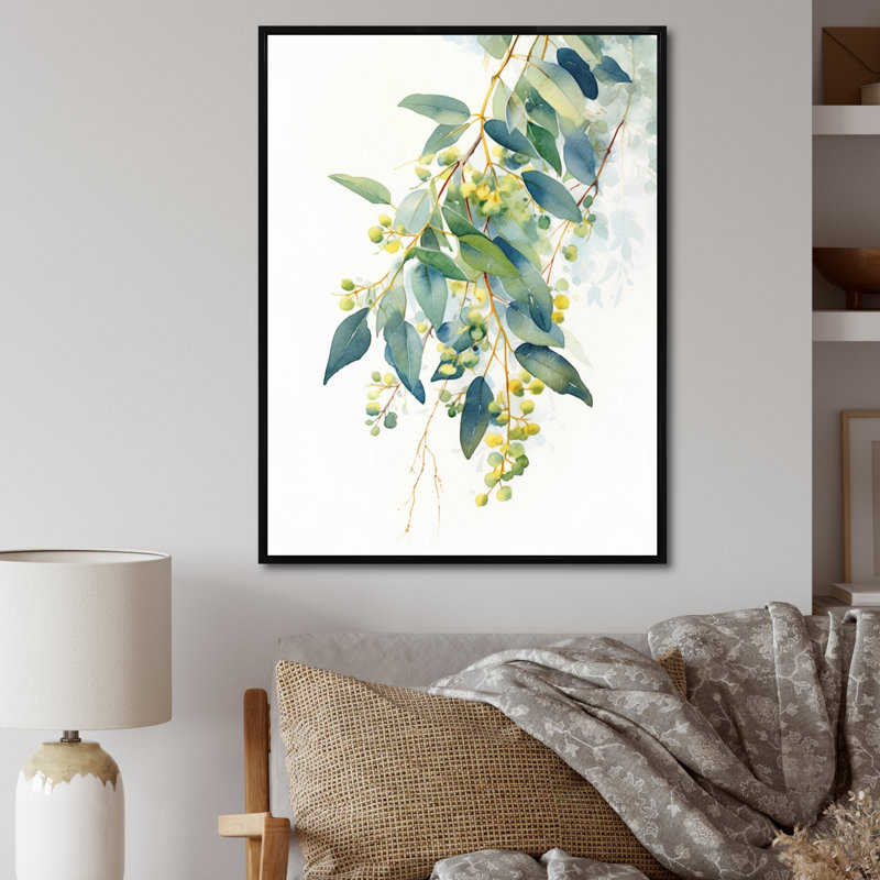 «Green Green Minimalisme Eucalyptus Essence IV» sur toile, H 32 po x l 16 po x P 1,5 po, Cadre flottant noir