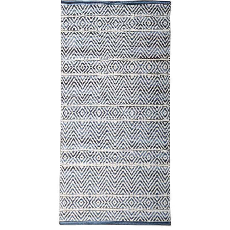 Tapis bleu en coton tissé à la main Shannock, Tapis de couloir 1 pi 10 po x 6 pi