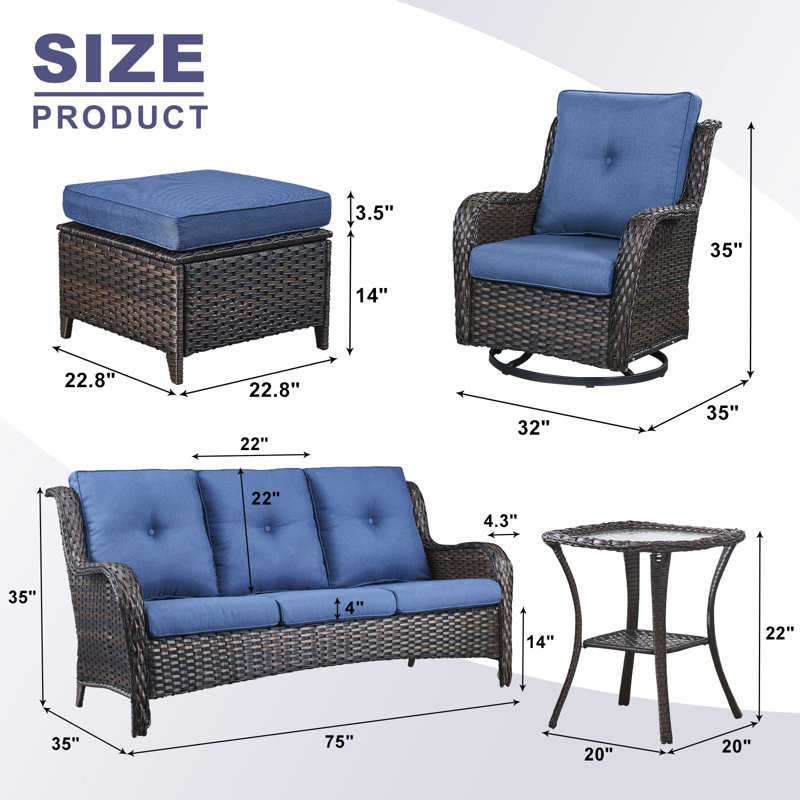 Bonia Wicker 5 - Person Patio Conversation Set with Cushions, Blue/Brown