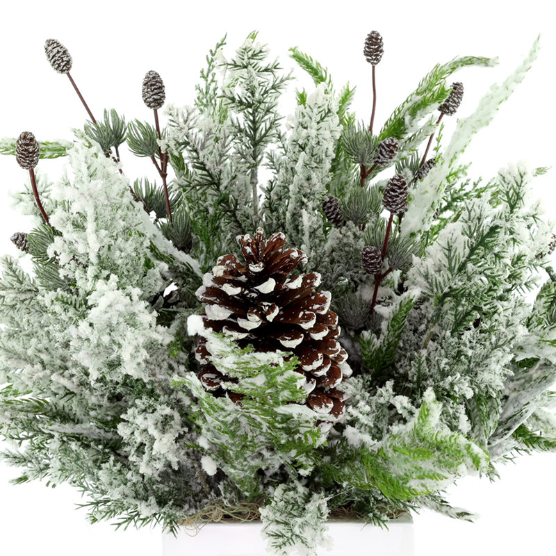 Snow Flocked Holiday Arrangement with Pinecones