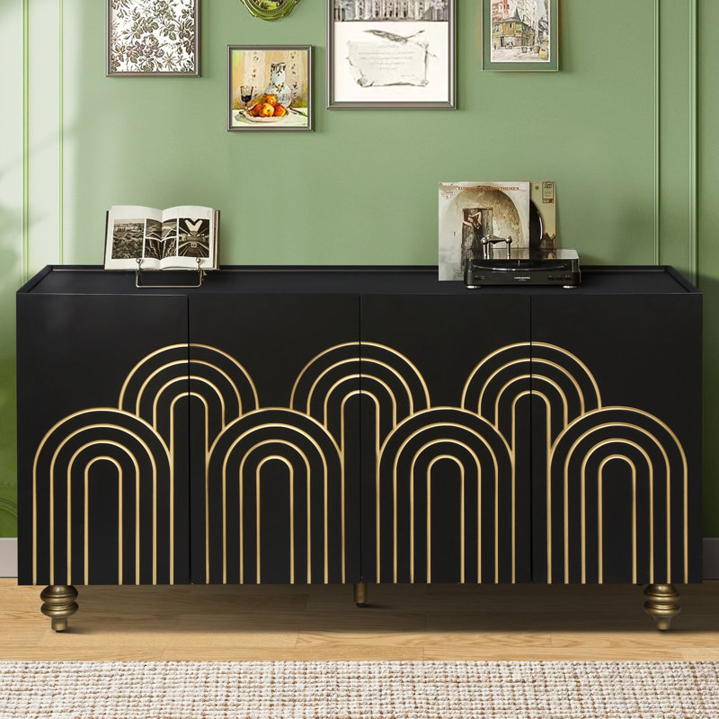 Buffet moderne avec design cannelé - noir pour usage domestique 4 portes, tablettes réglables, matériau de rangement à 4 portes