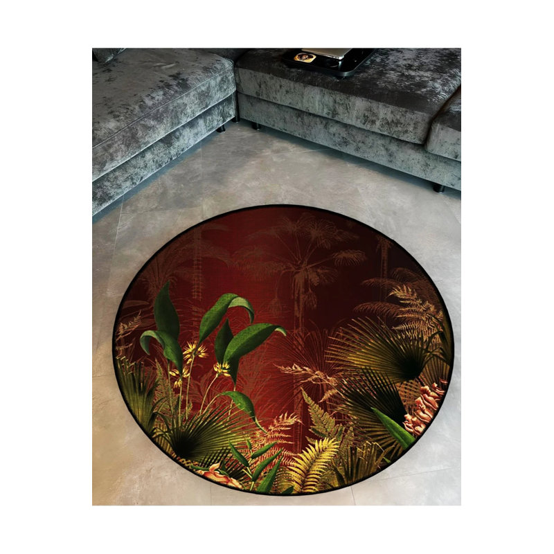 Burdy Theme Forest And Plant Patterned Round Woven Base Modern Decorative Carpet, Round 4'