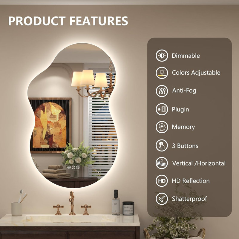  Cloud-Shaped Backlit LED Bathroom Mirror with Adjustable Brightness, 3-Color Lighting and Anti-Fog, 27" x 48"