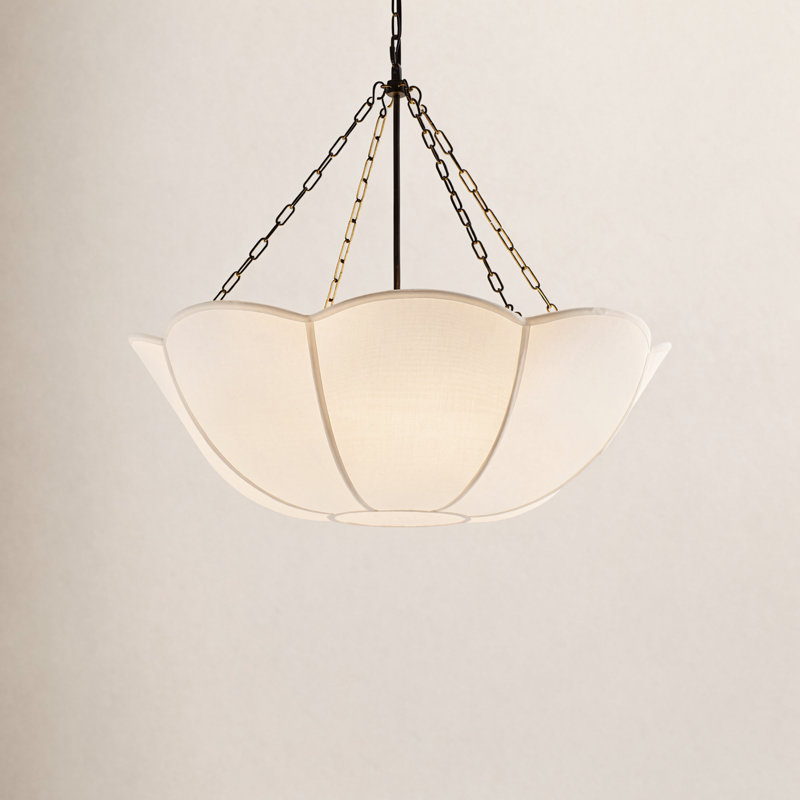 Alexa Hampton Stassi Dining Room Chandelier With White Linen Shade, 26.875" H x 32" W x 32" D, Aged Iron, 4 Lights