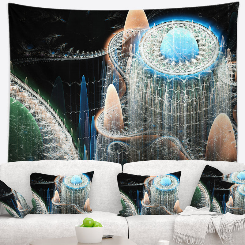 Tapisserie monde abstrait en fractale bleu, H 78 po x l 92 po