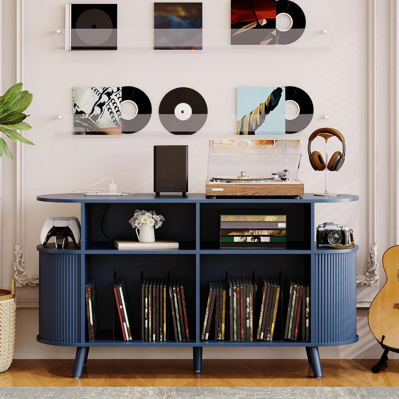 Meuble pour tourne-disque en vinyle de 55 po, armoire à disques rustique Mid-Century avec tablettes de rangement en vinyle ouvertes, table tournante avec station de chargement USB