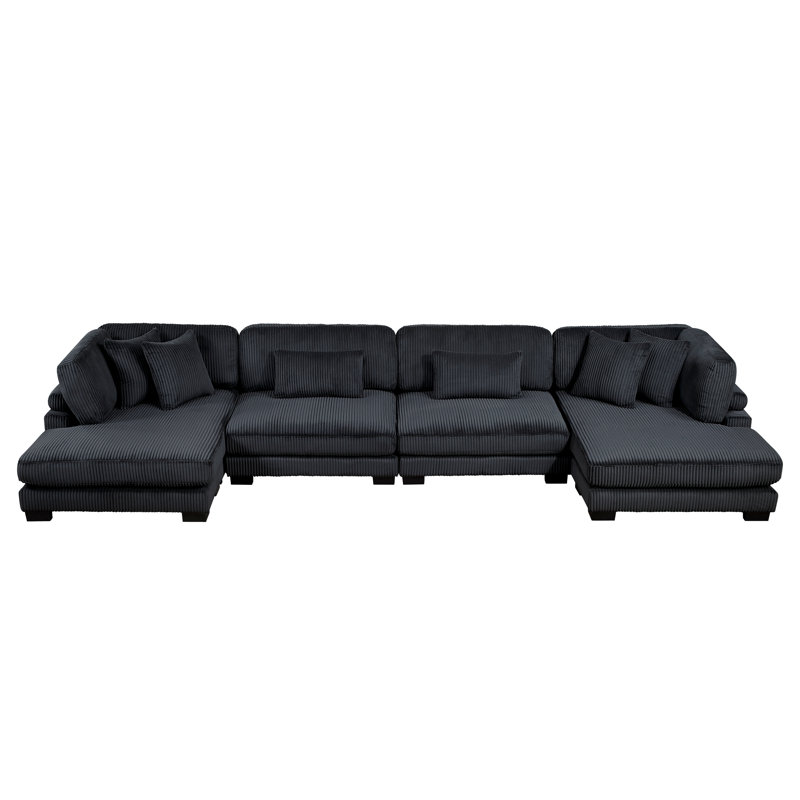 Canapé modulaire en U 4 pièces Larry, Velours côtelé noir