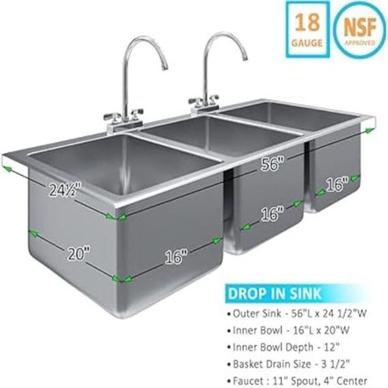 Évier de cuisine commercial à trois cuves en acier inoxydable de 40,6 cm (16 po) de longueur, 40,6 cm (16 po) de largeur x 50,8 cm (20 po) de profondeur x 30,5 cm (12 po) de longueur