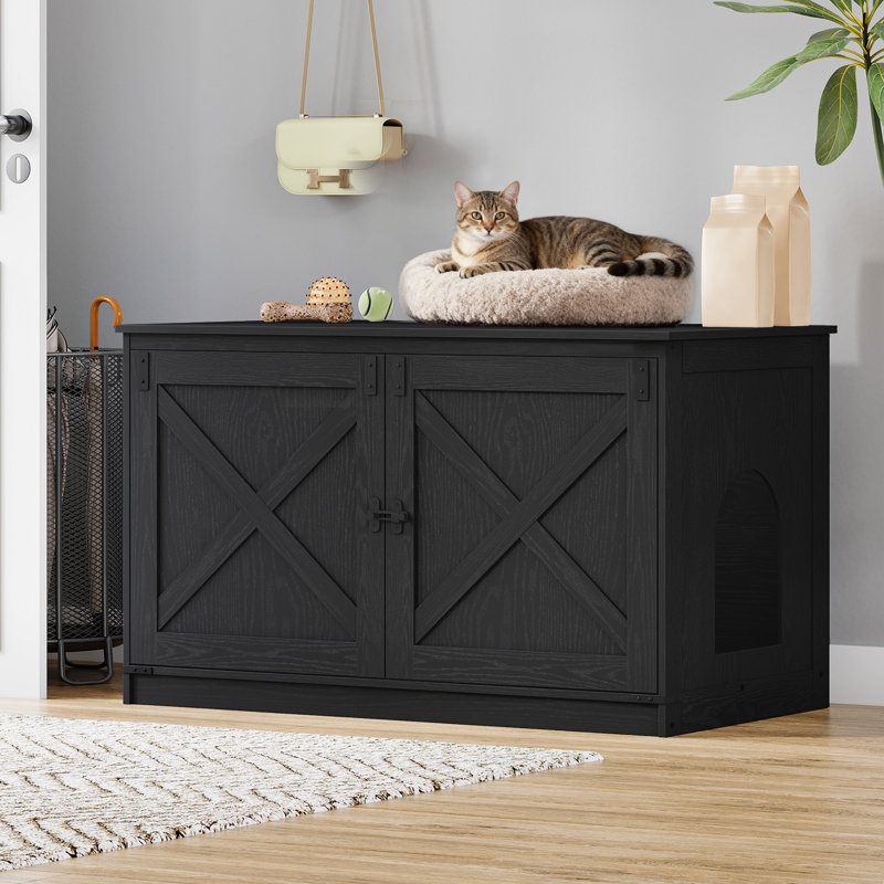 Enceinte de litière pour chat avec coussin, meuble de litière caché avec séparateurs amovibles, entrée réversible à gauche ou à droite, maisonnette pour chat, noir