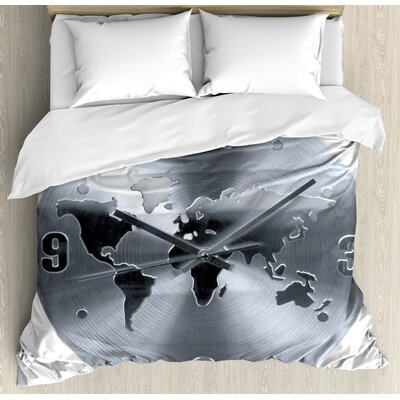 Clock Pattern with a World Map Checking the Time Hour and Minute Hand Duvet Cover Set -  Ambesonne, nev_22788_king