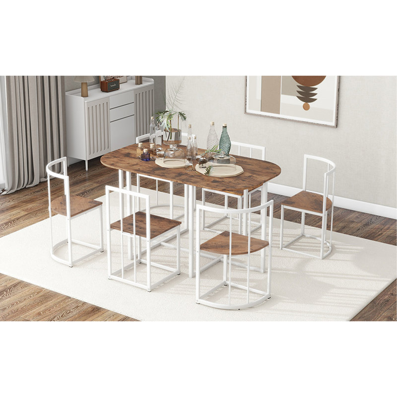 Modern 7-Piece Dining Table Set With Faux Marble Compact 55Inch Kitchen Table Set For 6, White+Cherry