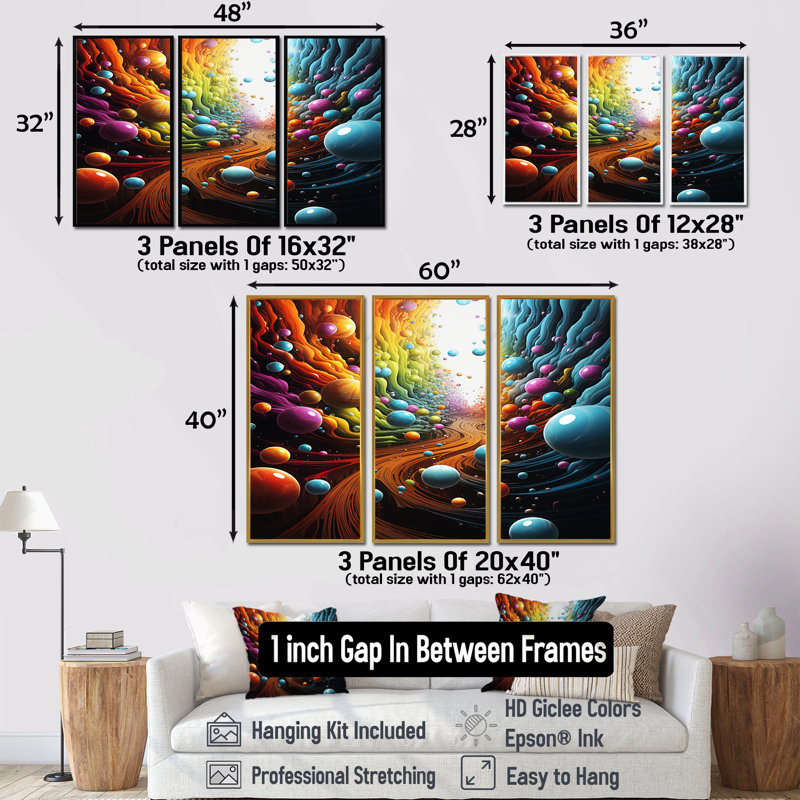 Ensemble de salon Rainbow Lightspace Spheres Pathway - Space Paysages, Encadrement argenté, H 40 po x l 60 po x P 1 po