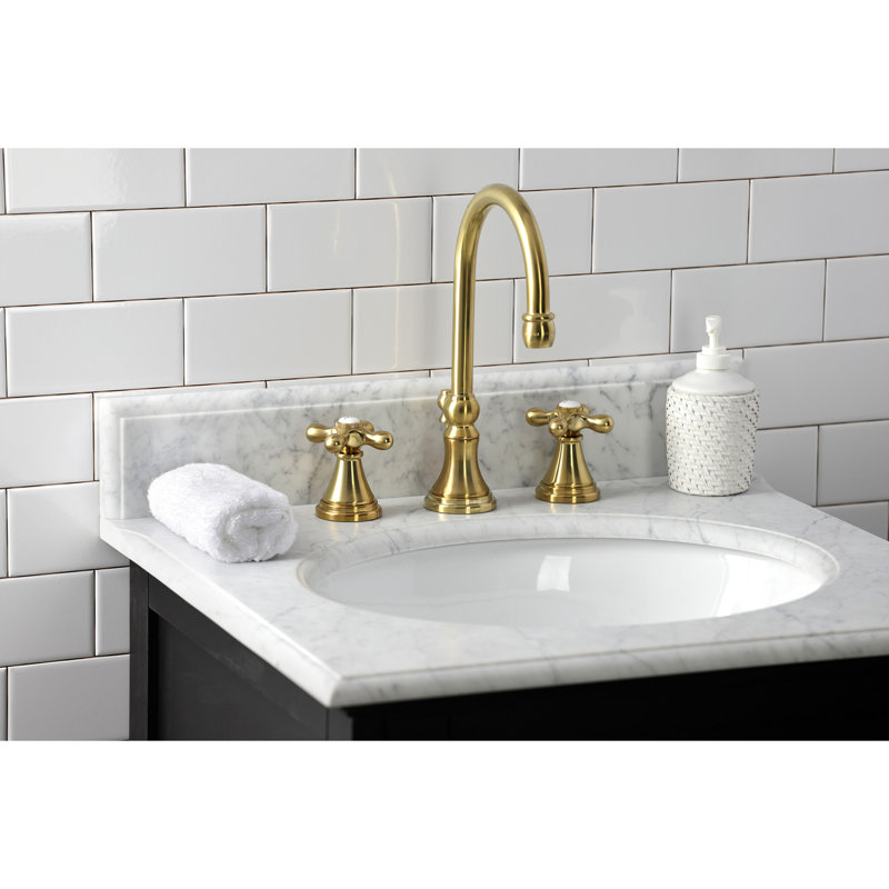 Kingston Brass Governor Two-Handle 3-Hole Deck Mount Widespread Bathroom Faucet with Brass Pop-Up Drain, Brushed Brass