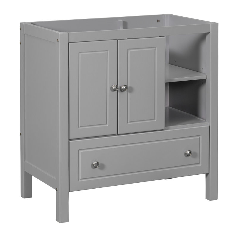 30" Gray Solid Pine Wood Bathroom Vanity Base with Storage