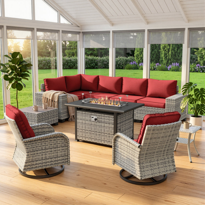 Ensemble de conversation modulaire de patio 10 pièces avec table de foyer et chaises berçantes pivotantes, Rouge