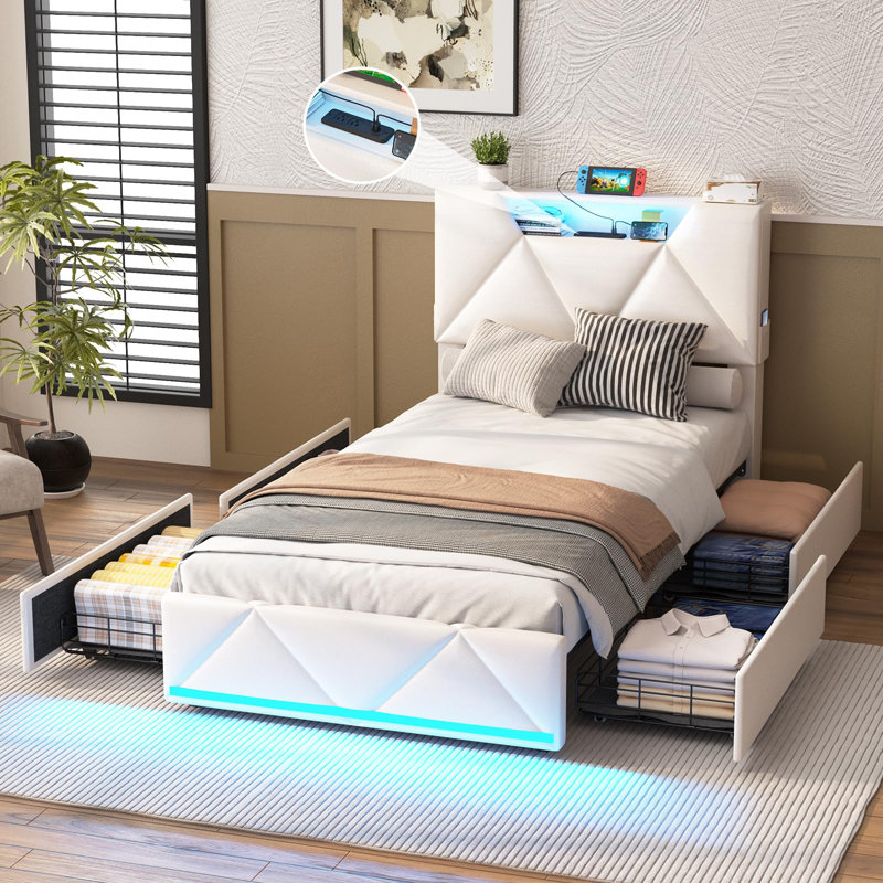Bed Frame With Storage Headboard And 4 Drawers, Twin, Beige