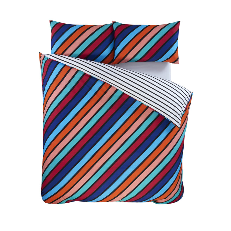 OXFORD STRIPE Polyester Striped Duvet Cover Set with Pillowcases Included, 3, Blue/Orange/White, Double