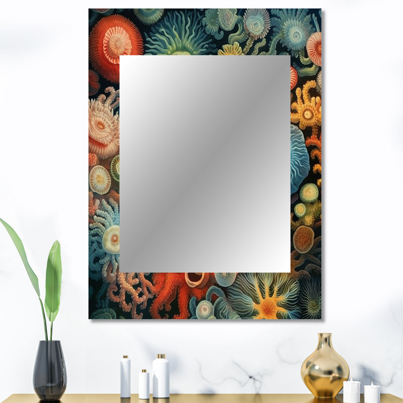 Beautiful Deep Sea Anemones Retro Harmony VI - Marine Animals Decorative Mirror, Blue Wall Mirror, Printed Metal Art