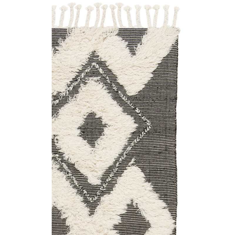 Alimatou Hand Knotted Wool/Cotton Geometric Rug in Ivory/Black, Runner 2'3" x 8'