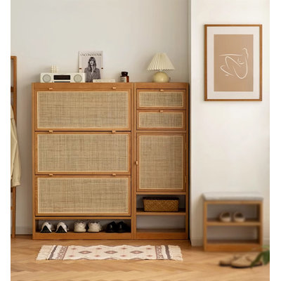 Wicker-Style Flip-Top Ultra-Slim Solid Wood Shoe Cabinet