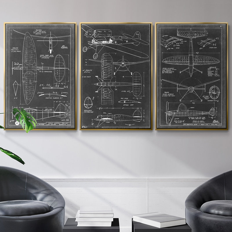 "Aéronautique", ensemble de 3 pièces encadrées sur toile, Or, H 36 po x l 72 po