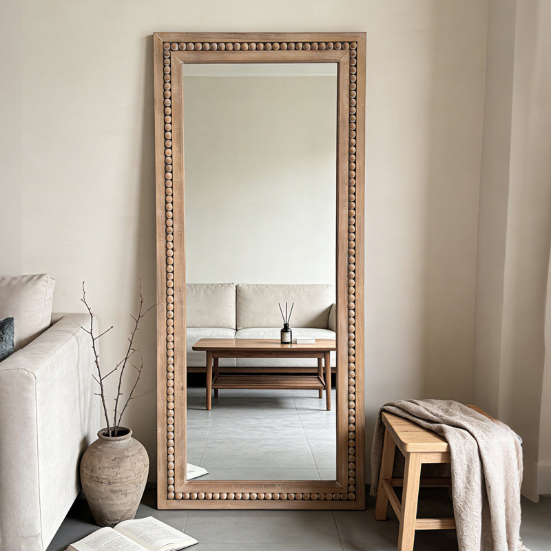 Handcrafted Wooden Beaded Rectangular Floor Mirror, Rustic Farmhouse Full-Length Mirror, 71" x 31", Rectangle