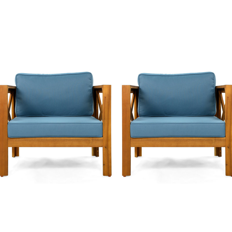 Fauteuil club d'extérieur en bois avec coussins bleus, conversation, chaise ergonomique confortable et confortable de 4 pièces, idéale pour les patios et les jardins, finition, assemblage facile