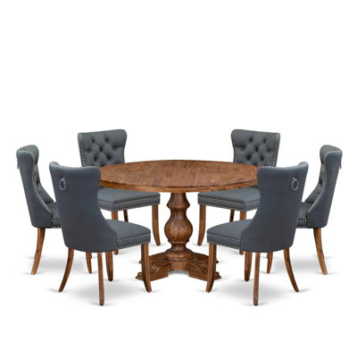 7-piece Kitchen table set consists of a Dining Table and 6 Platinum Gray Polyester fabric Dining Room Chairs with Button Tufted Back - Antique Walnut Finish