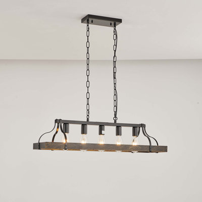 Luminaire suspendu 33,7 pouces et faux grain de bois, 5 douilles E26, chaîne réglable en hauteur - Lustre de style campagne moderne pour la salle à manger, la cuisine ou le salon (ampoule non incluse)