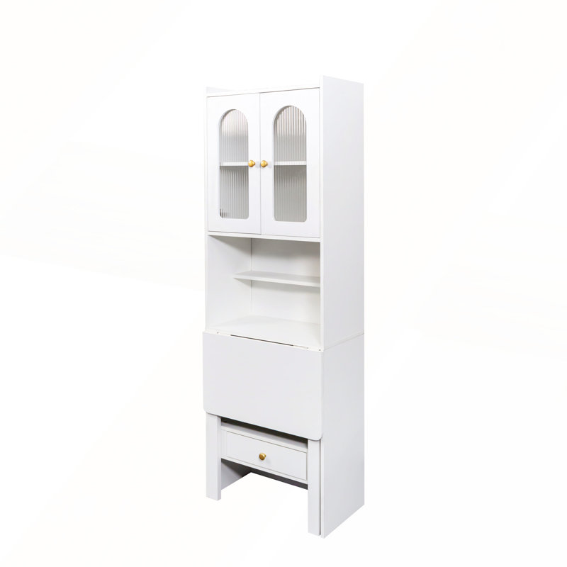 Fold-Out Convertible Writing Table, Desk Cabinet with Shelf and Drawer for Multi-Function Home Office Workstation, White