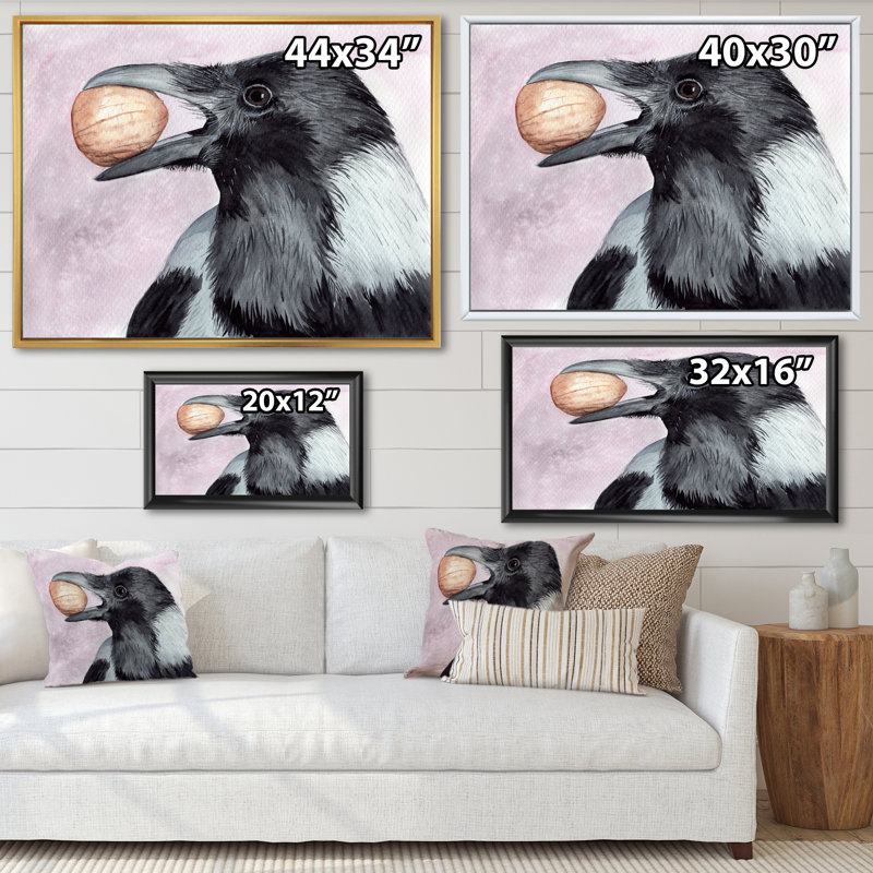 Corbeau noir avec un écrou - Peinture sur toile, Cadre flottant doré, H 30 po x l 40 po