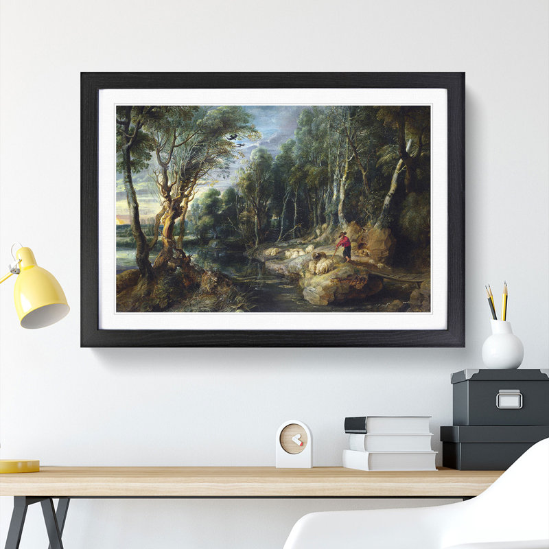 A Shepherd with His Flock by Peter Paul Rubens - Picture Frame Painting, 48cm H x 65cm W x 2cm D, Black Framed