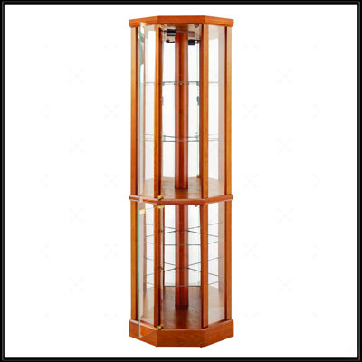 Transitional Glass Curio Cabinet, Walnut/Oak/Cherry Finish Display Case with Adjustable Glass Shelves & Magnetic Doors