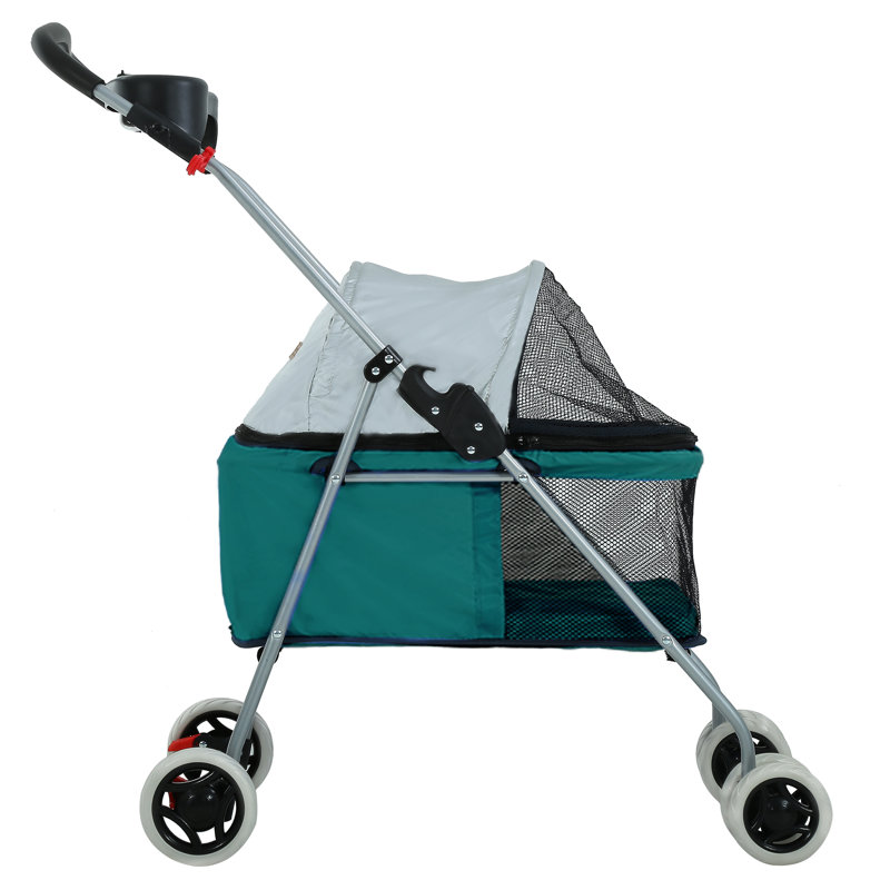 Teal Foldable Pet Stroller with Mesh Windows and Cup Holder