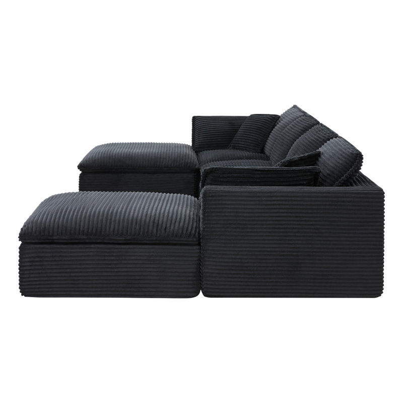Canapé modulaire en U entièrement compressé avec repose-pieds, aucun assemblage requis, Chenille noir