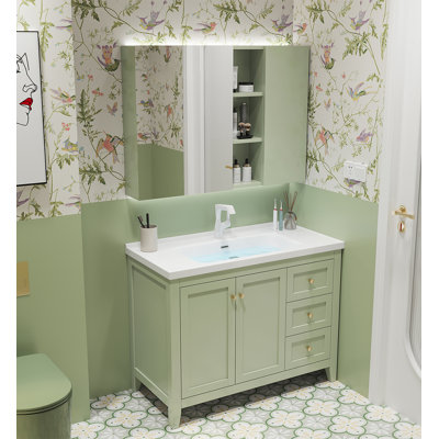 Meuble-lavabo en bois d'hévéa crème avec lavabo en céramique