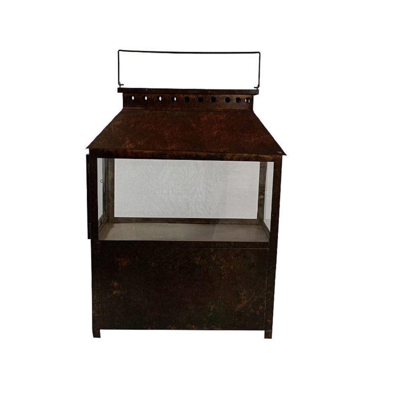 Iron & Glass Lantern Brown Patina Tempered Glass, 24.8" H x 15.35" W