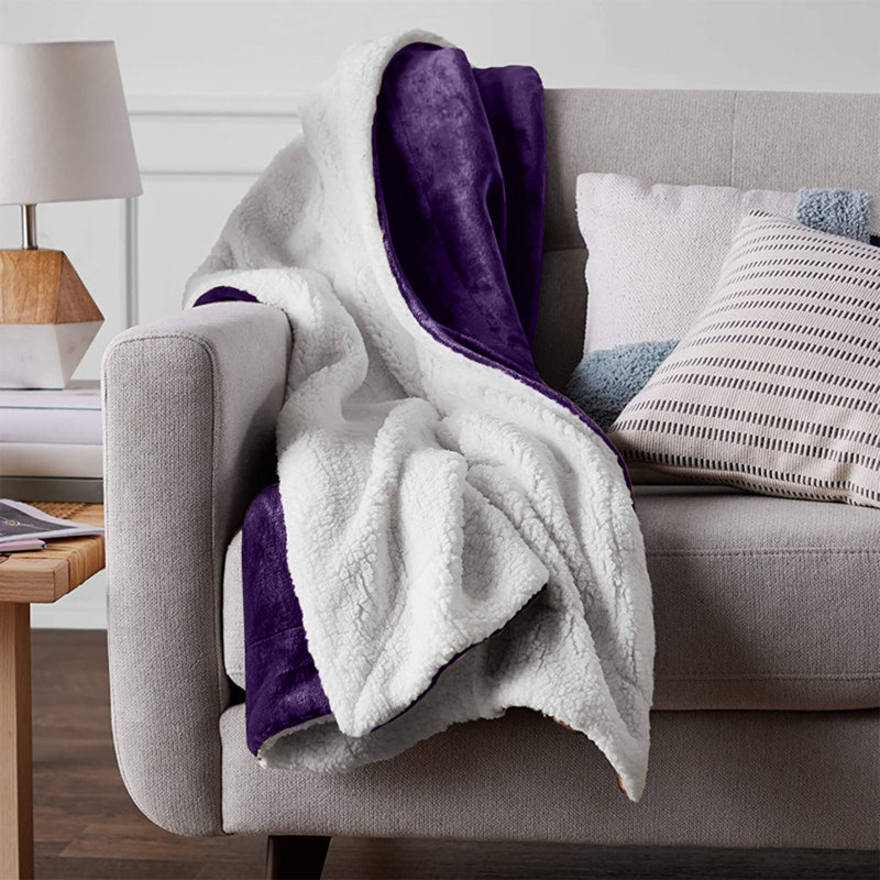 Super Soft Sherpa Fleece Fur Thick Dual Sided Flannel Reversible Blanket Throw, Single 130cm x 150cm, Purple