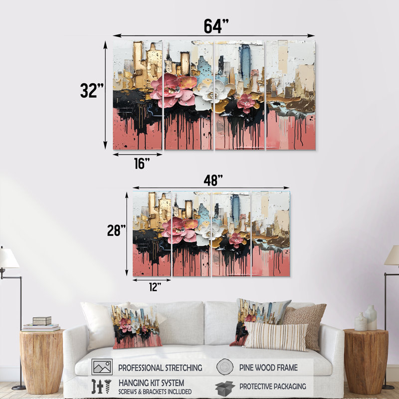 Rose, noir, bruine rythmique, cubisme, art mural - décoration murale moderne, H 32 po x l 64 po, 4