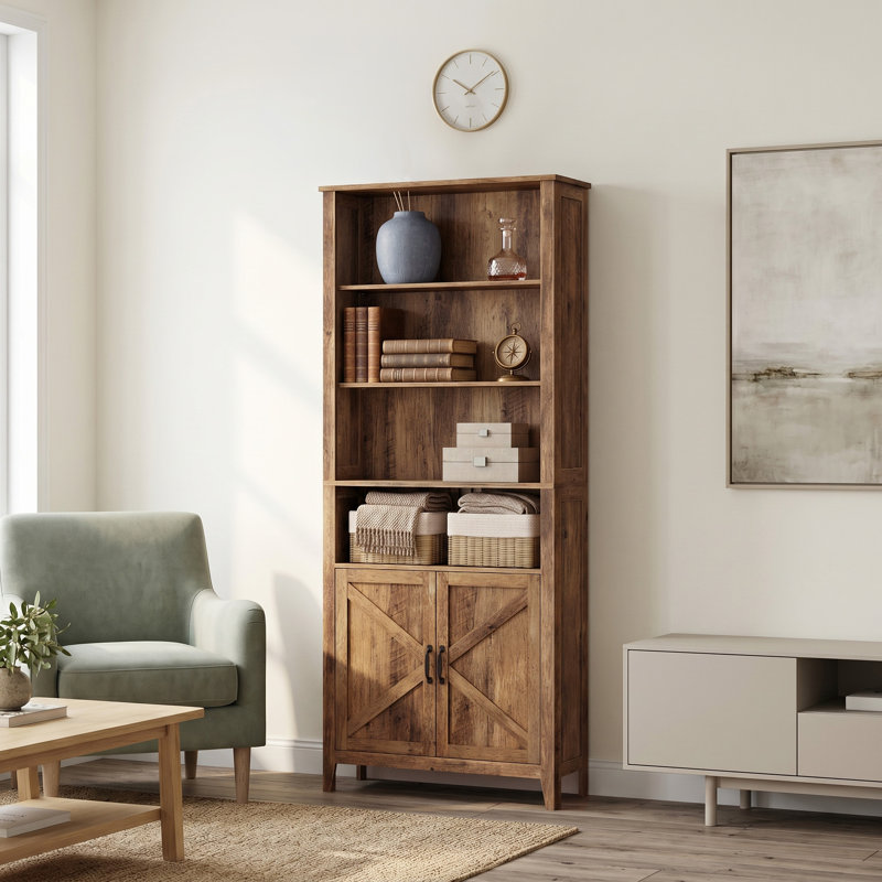 Bibliothèque rustique à 4 niveaux avec armoire, Brun