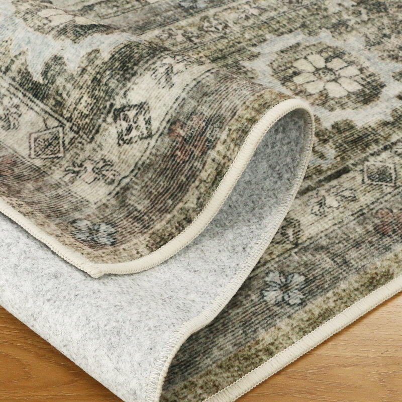 Tapis oriental sauge / gris lavable à la machine avec envers antidérapant, Sauge, Tapis de couloir 2 pi x 5 pi