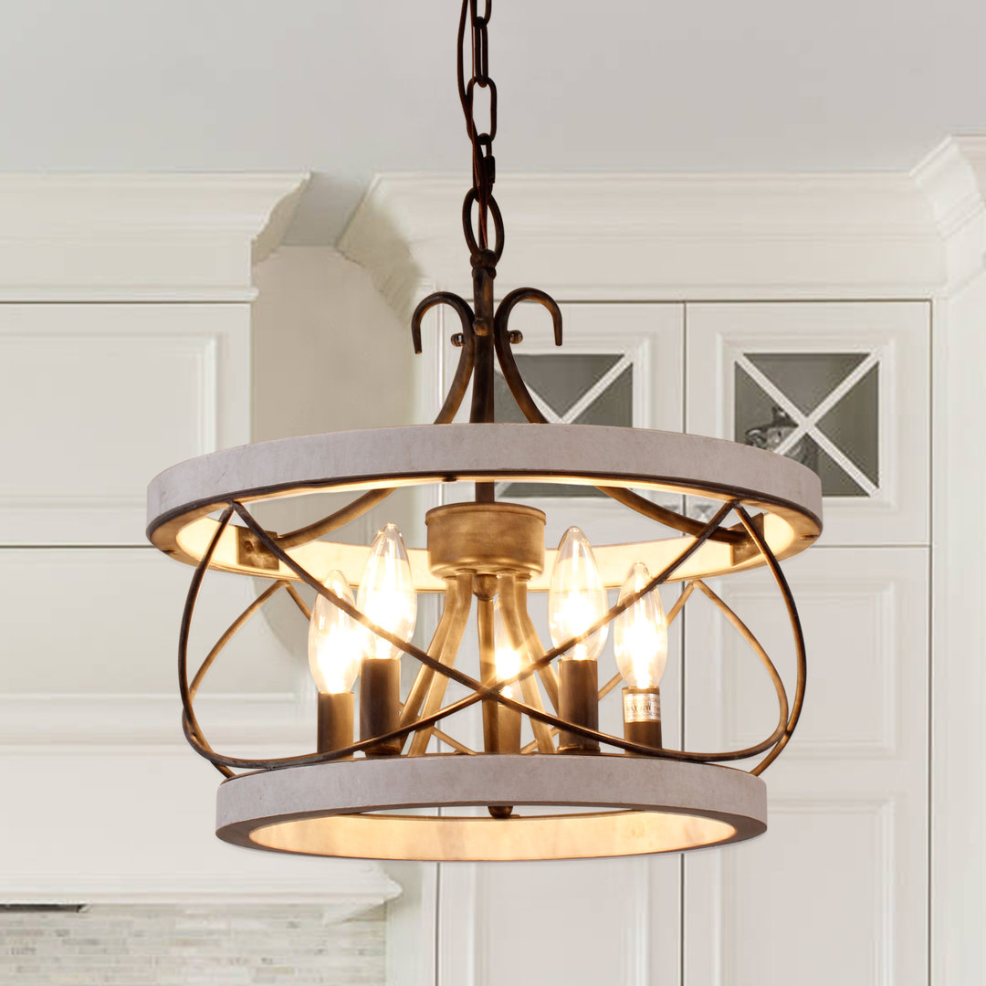 Muradif Gracie Oaks 15.7" Farmhouse Drum Dining Room Wood Chandelier, 5-Light Kitchen Island Light Fixture for Entryway Gracie Oaks 