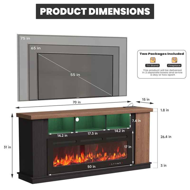 70" Tv Stand with Glass Electric Fireplace, Tv Stand With Light Strips For Tvs Up To 80"