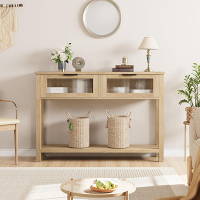 Modern 2-Tier Wood Console Table for Entryway – Slim Farmhouse Sofa Side Table with Glass-Front Drawers, Open Storage Shelf – Accent Furniture, Living Room, Hallway, Foyer, Natural Wood Color