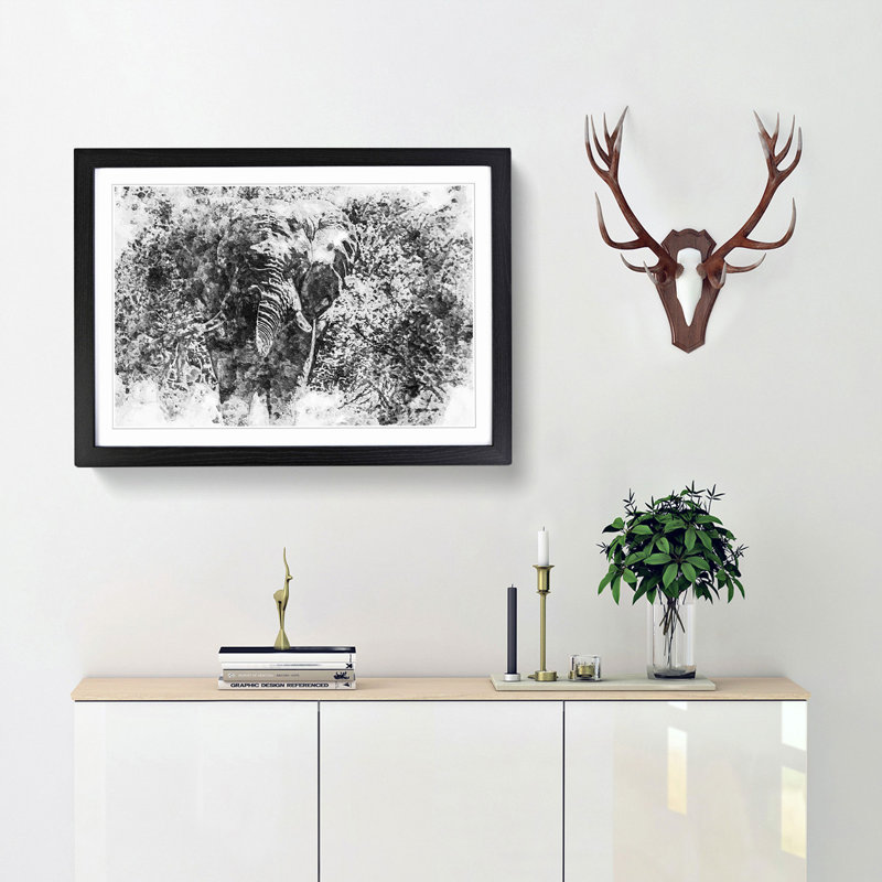 The Majestic Elephant in Abstract - Picture Frame Painting Print, 48cm H x 65cm W x 2cm D, Black Framed