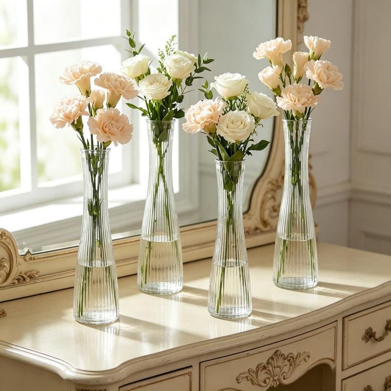Ensemble de 12 vases à bourgeons en verre transparent