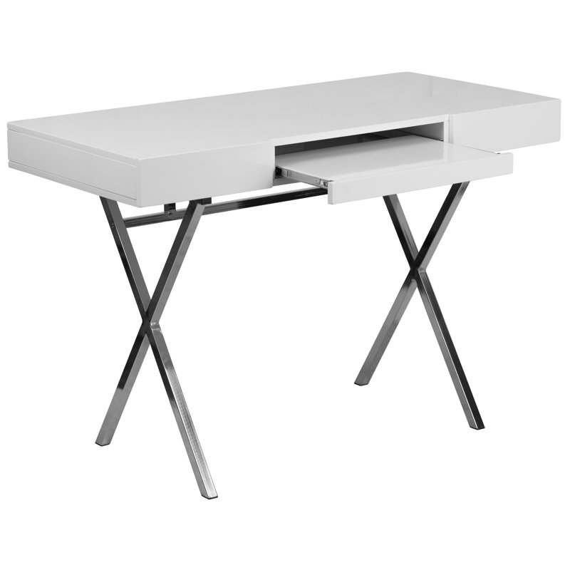 Sleek White 44.25'' Computer Desk with Chrome X-Trestle Base and Keyboard Tray