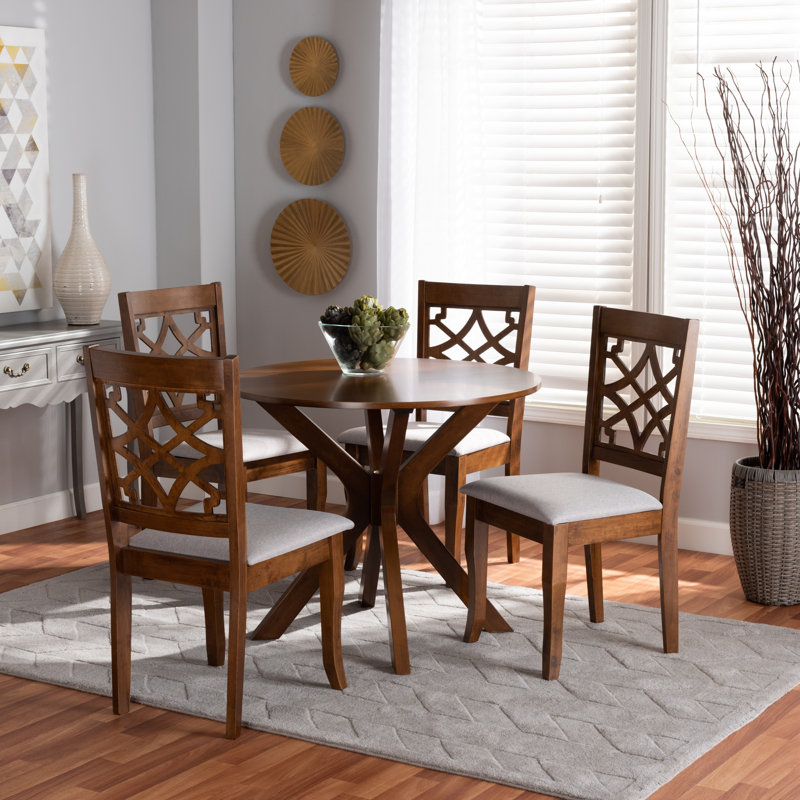 Bouknight 5-Pc Dining Set in Grey Fabric and Walnut Finished Wood, 37.4'' H X 18.1'' W X 20.3'' D, Walnut Brown